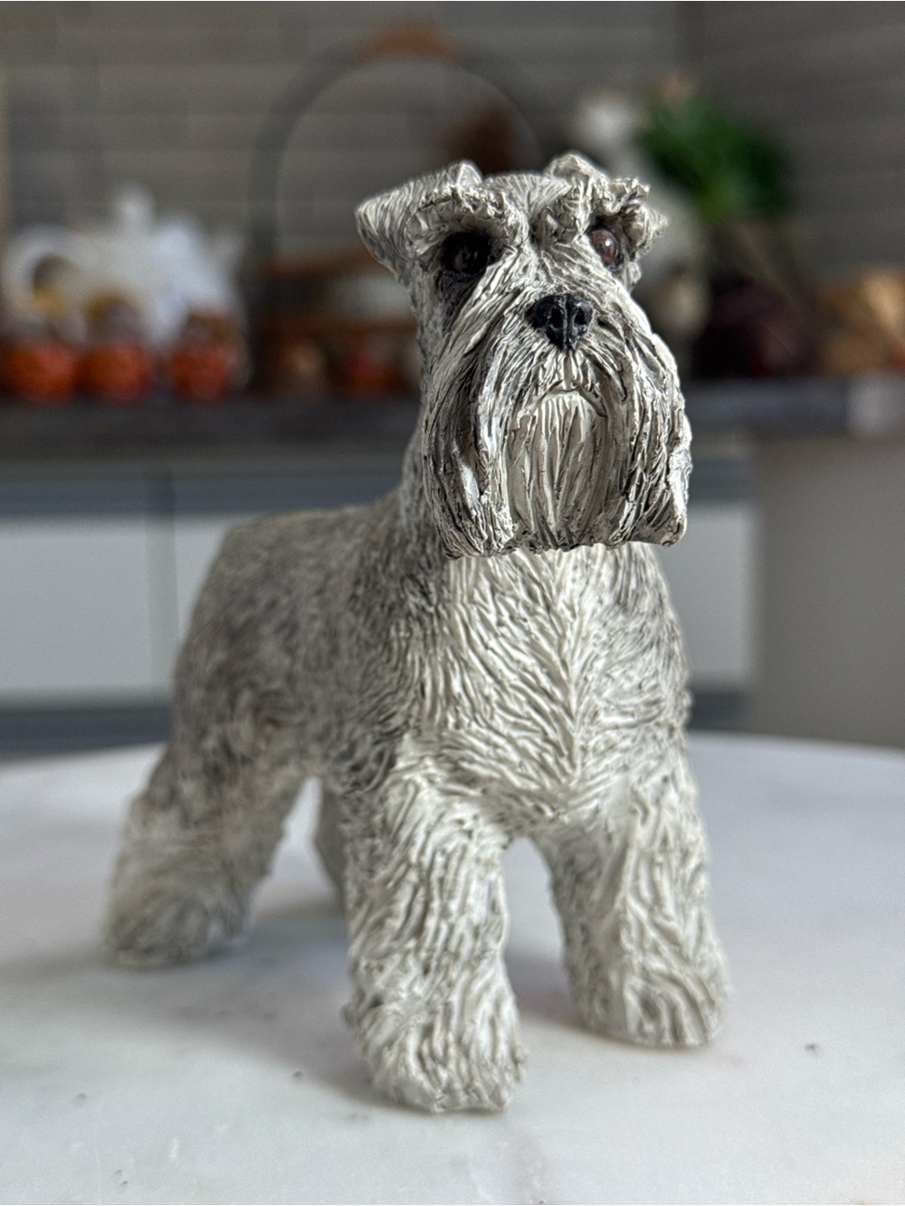 Schnauzer Dog Figurine Grey White Terrier Statue Decor